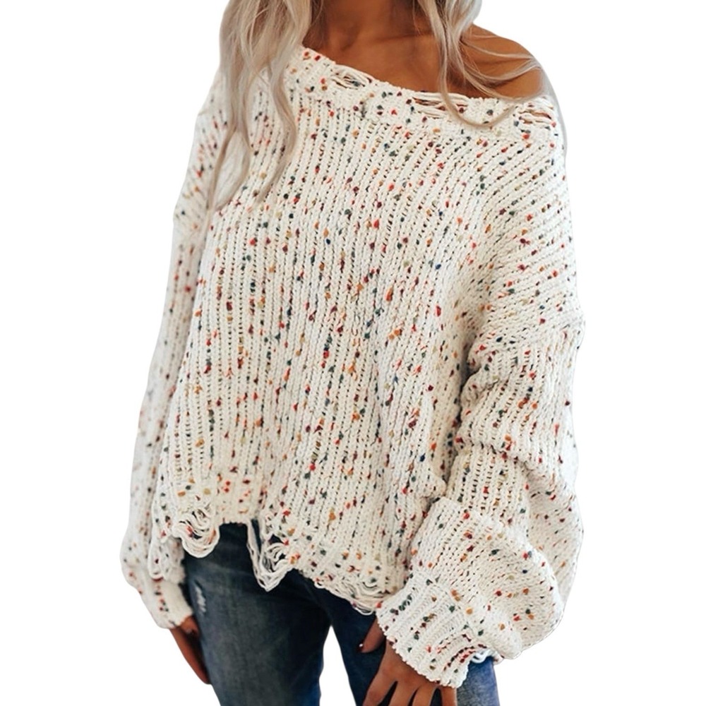 ENTRO Confetti Sweater sz L Ivory Oversized Chunky Slouchy Distressed NWT
